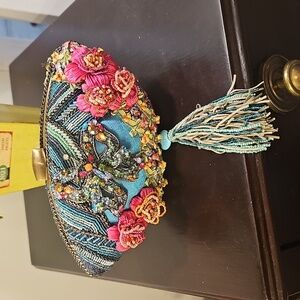 Mary Frances Turquoise Beaded Floral Butterfly Clutch with Tassel